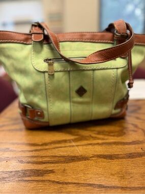boc Green Canvas Shoulder Bag with Brown Leather Trim